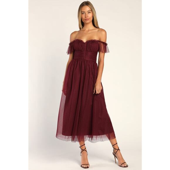 Lulus NWT Regal Radiance Burgundy Swiss Dot Corset Mesh Tulle Bustier Midi Dress - Picture 1 of 11